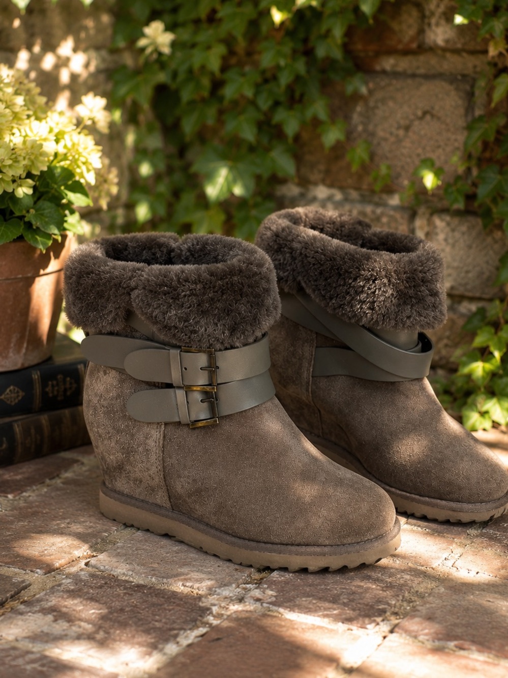ASH Gray/Brown Topo Suede Hidden Heel Wedge Shearling Cuff Yes Boots, 8.5/39
